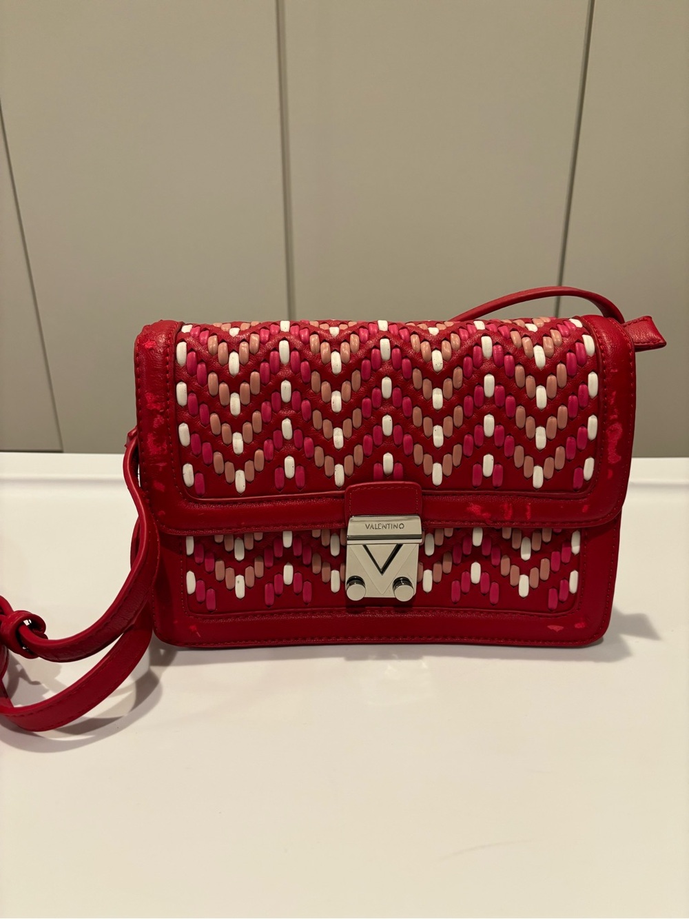 Valentino Red Woven Crossbody with Pink and White Accents